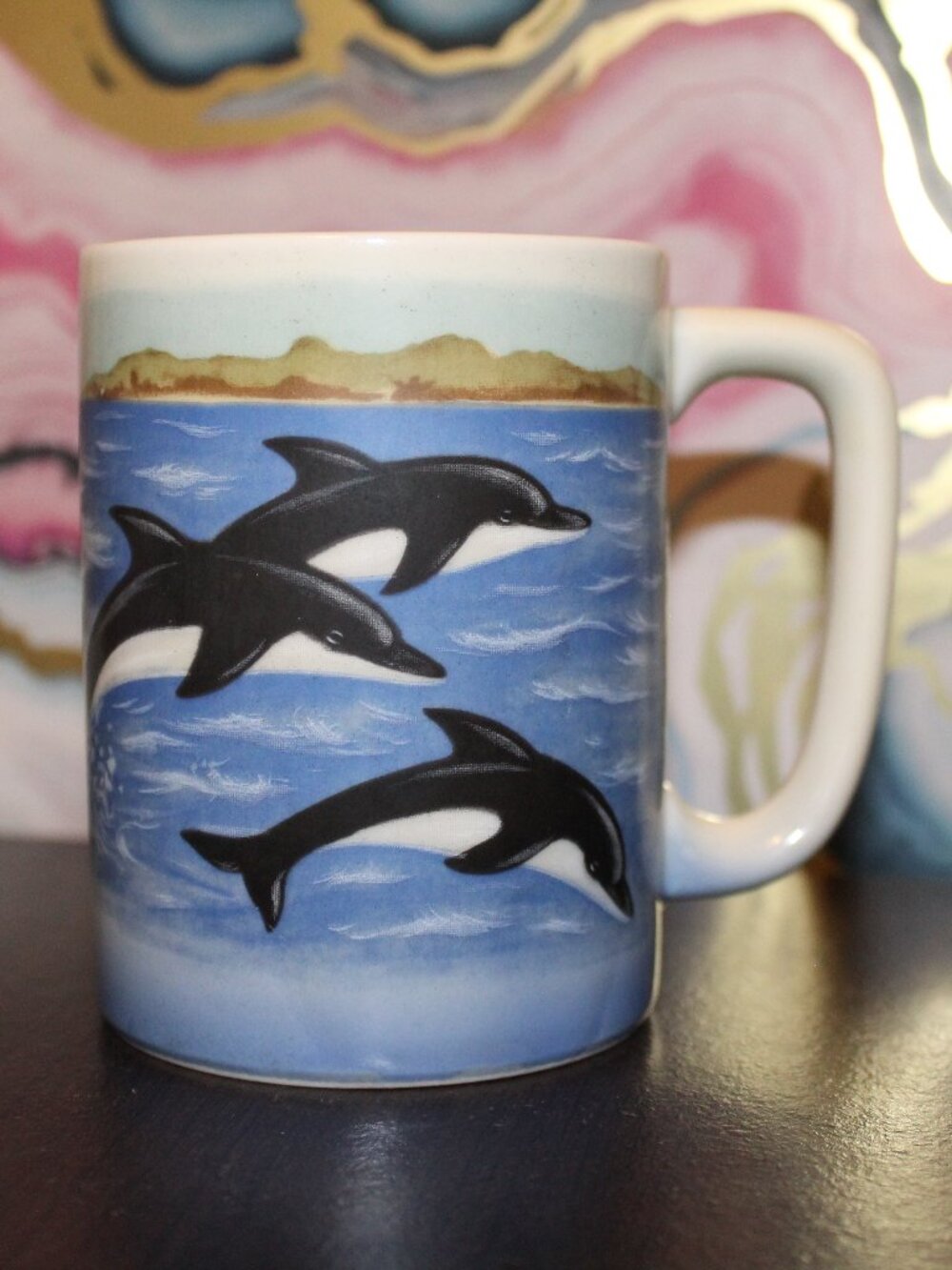 Vintage 80s Otagiri Japan Stoneware Mug Handpainted Dolphins
